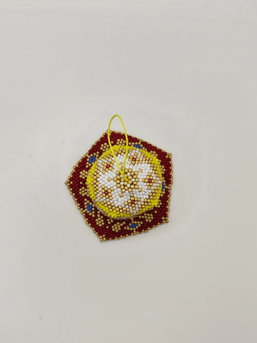 Handmade Beaded Bell Ornament in Red, Yellow & White
